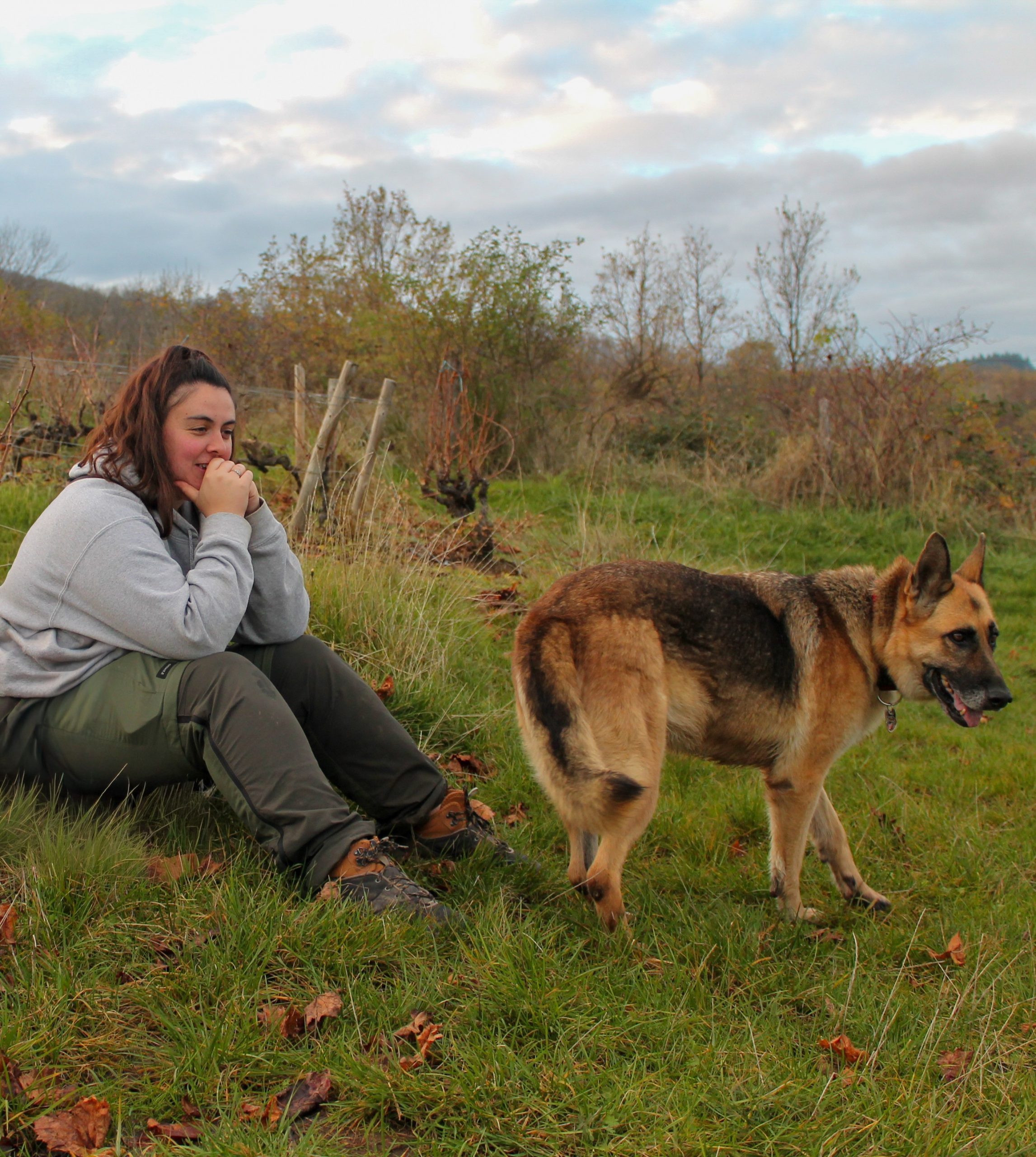 Photo et Tessa et mon chien dans un paysage de vignes du Beaujolais